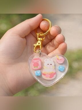 Kawaii Heart Keychain Handmade UV Resin Cute Pink Blue Pet Charm Gift